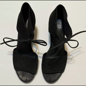 Eileen Fisher Black suede leather ankle tie block heels 8.5